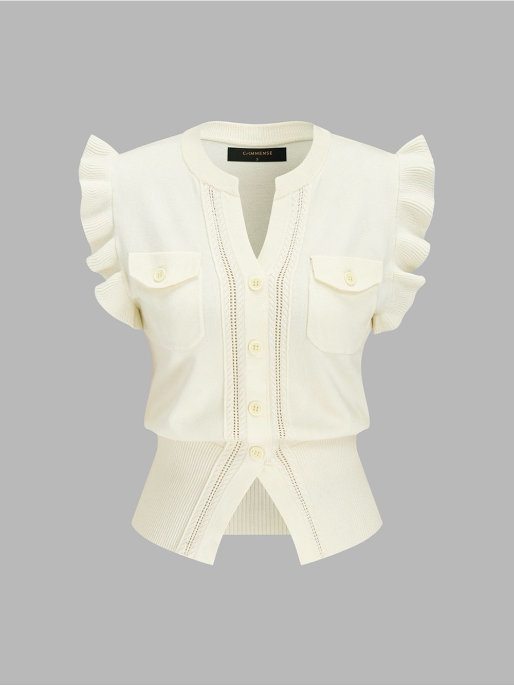 Commense Cream Ruffle-Sleeve Button Front Blouse - Picture 2 of 6